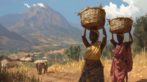 Rural African Scene with Women Carrying Goods