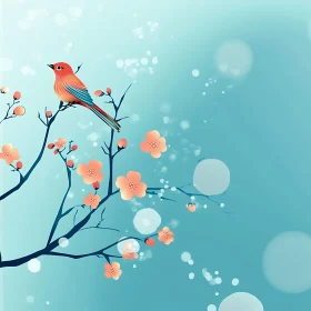Floral branch with bird illustration