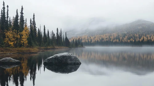 Tranquil Foggy Lake Scene in Autumn