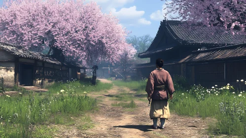 Woman Walking in Japanese Village with Cherry Blossoms