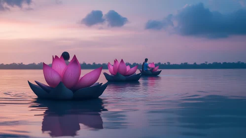 Floating Lotus Flowers at Dusk