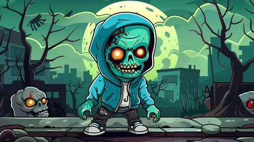 Blue Zombie Overlooking a Post-Apocalyptic City - Cartoon Illustration
