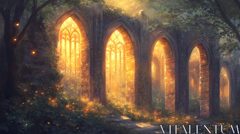 AI ART Golden Light Illuminating Stone Arches