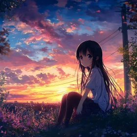 Contemplative Anime Girl at Sunset