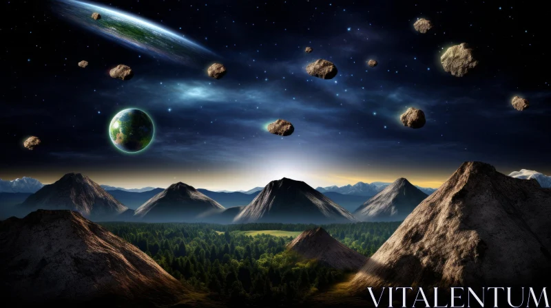 Captivating 3D Wallpaper: Planets Against Majestic Mountains AI Image