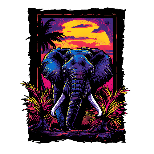 Cartoon Elephant and Colorful Sunset Illustration POD Design