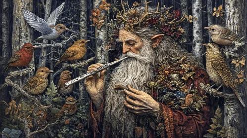 Mystical Forest Flute Player and Birds