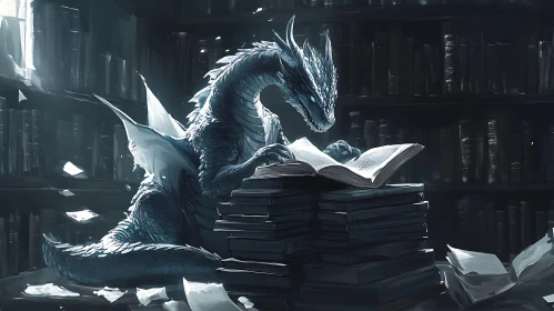 Scholarly Dragon in a Book Filled Library