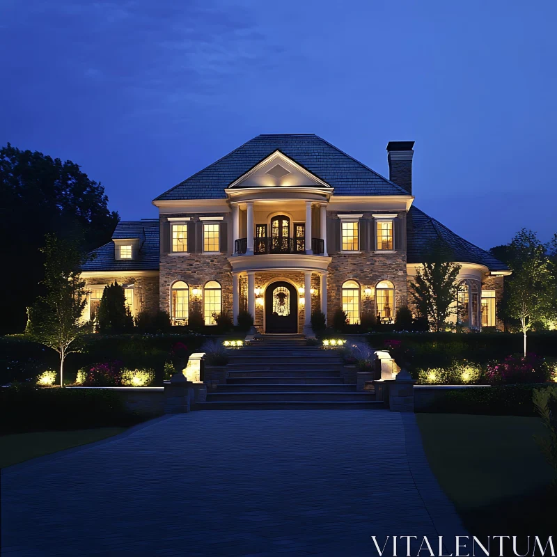 Night View of Elegant Mansion with Warm Lighting AI Image