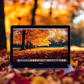Autumn Bliss: Laptop amidst Falling Leaves
