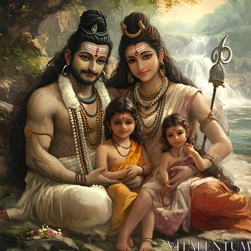 Serene Hindu Family by the Waterfall AI Image