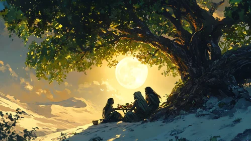 Friends Sharing Meal Under Moonlit Tree