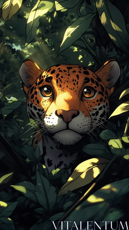 Leopard Amidst Lush Leaves AI Image