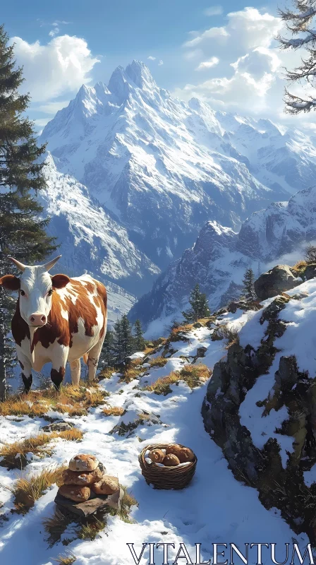 Alpine Cow and Bread Display AI Image