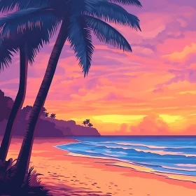 Sunset at the Beach with Palm Trees