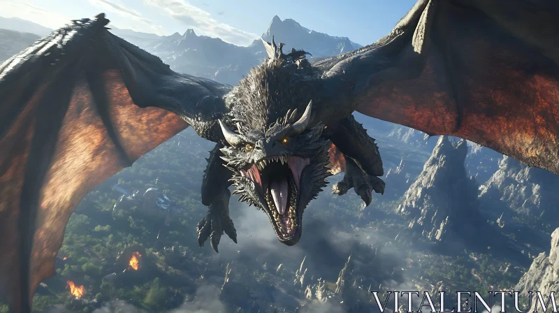 AI ART Fantasy Dragon in Flight Above Burning Kingdom