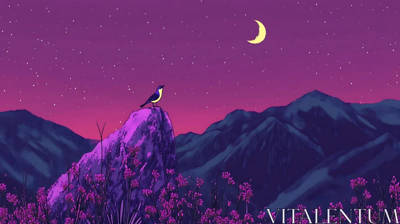 Bird on Rock in Vibrant Night Landscape AI Image