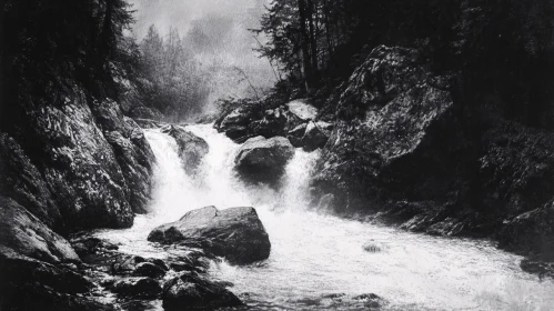 Monochrome Cascade in a Misty Forest