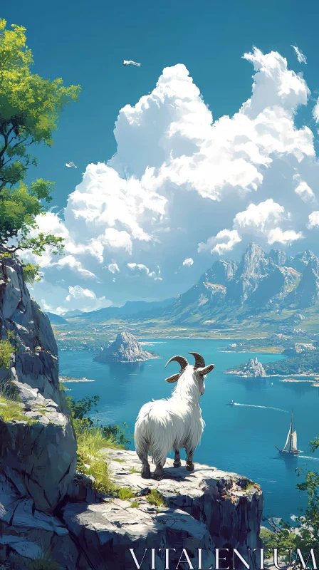 Goat on Cliff with Sea and Mountains AI Image