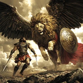 Mythical Battle: Warrior and Winged Lion