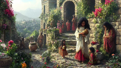 Sunlit Village Scene with Children