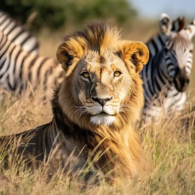 Resting Lion with Zebras