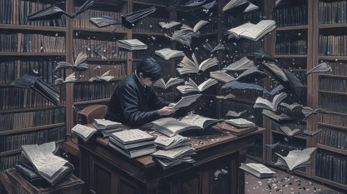 Books flying in the library
