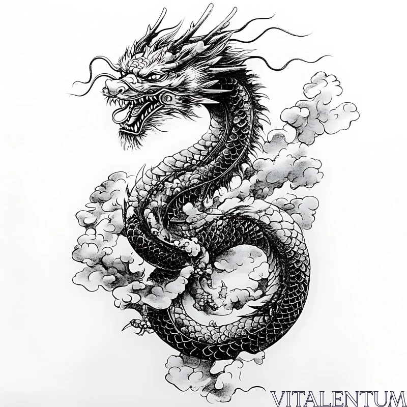 Coiled Dragon Ink Drawing AI Image