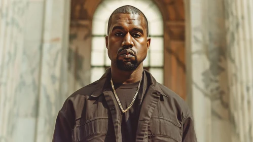 Kanye West Stylish Portrait Against Grand Architecture