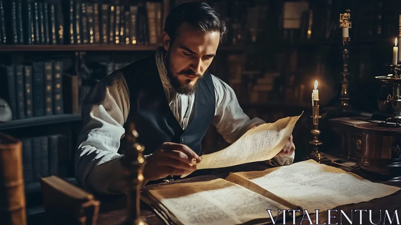 Vintage Man Reading Old Manuscripts AI Image