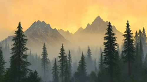 Golden Hour Mountain Scene with Forest