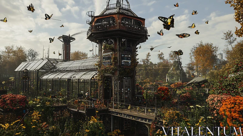 Butterfly Garden with Steampunk Tower AI Image