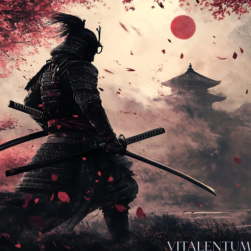 Japanese Warrior with Swords and Pagoda AI Image