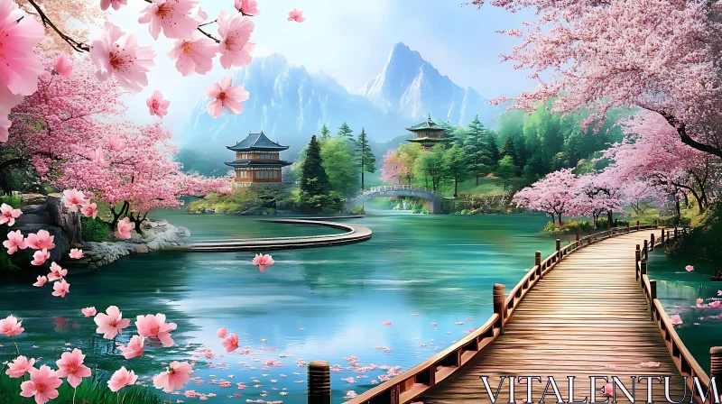 AI ART Pink Blossom Tranquil Lake Garden Scene