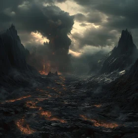 Dark Mountain Valley with Lava