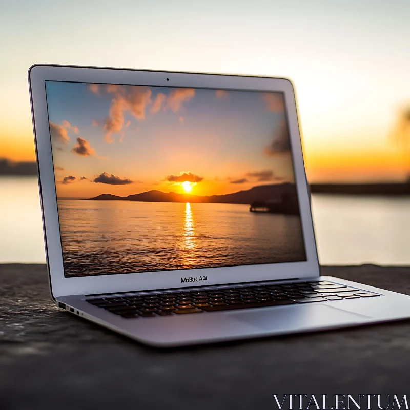 Tech Meets Nature: Sunset on Laptop Screen AI Image