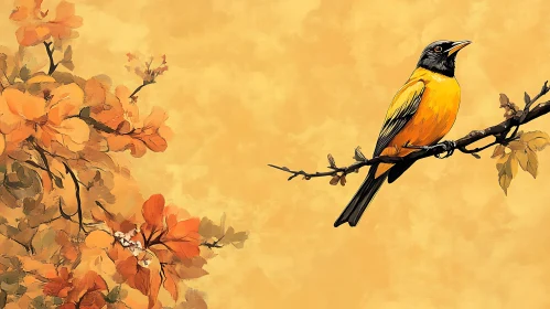 Golden Bird and Floral Still Life