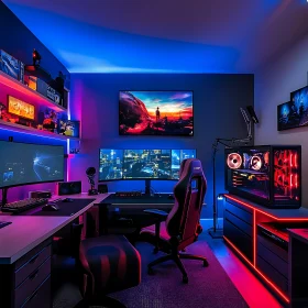 Futuristic Gaming Room with Multiple Displays and Lighting