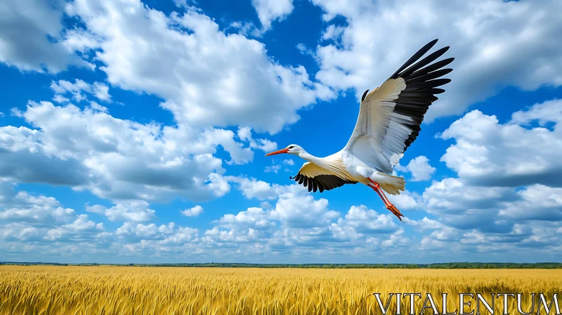 Stork in Flight over Wheat Field AI Image