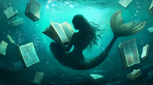 Underwater Mermaid Reading Books Art