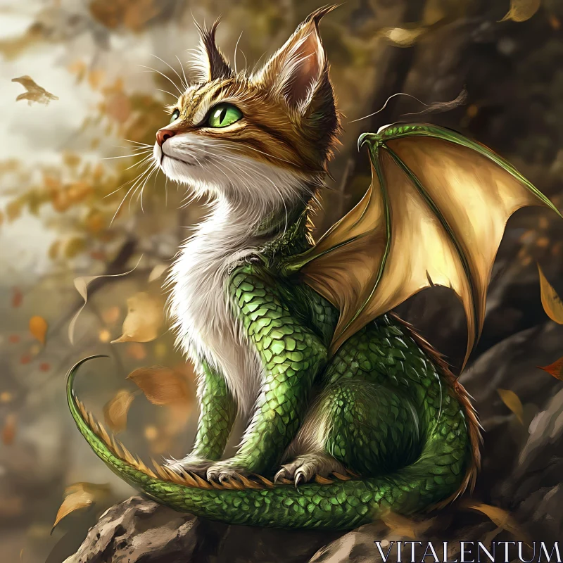 AI ART Whimsical Feline Dragon on Rocky Perch