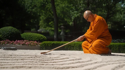 Zen Garden Meditation with Raking Monk