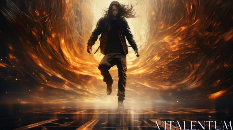 Fiery Futurism: A Long-Haired Man in a Metallic Tesseract Scenario AI Image