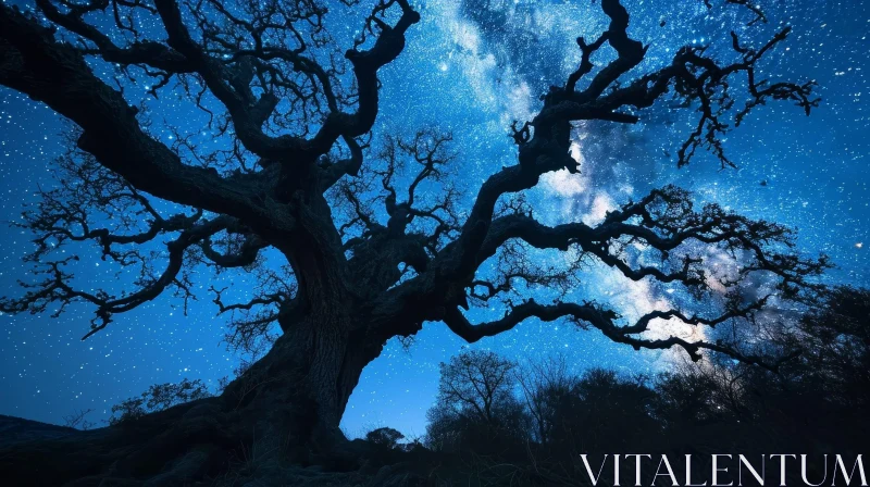 Majestic Ancient Oak Tree against a Starry Sky AI Image
