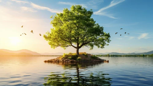 Serene Nature: A Captivating Image of a Tree on a Rocky Island in a Lake