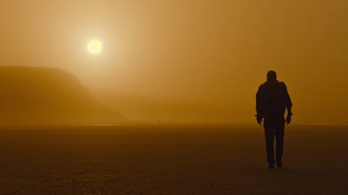 Solitary Figure Walking on a Beach at Sunset