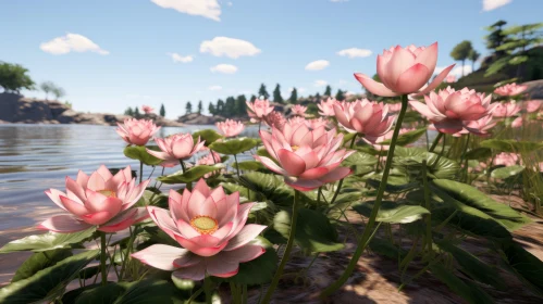 Unreal Engine 5 Render of Pink Lotus Flowers by the Water