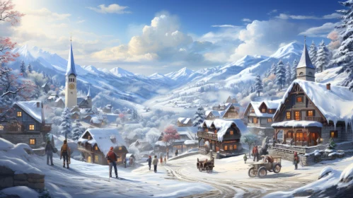 Winter-Themed Village Amidst Snowy Mountains Wallpaper