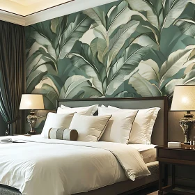 Elegant Bedroom Featuring Tropical Banana Leaf Wallpaper