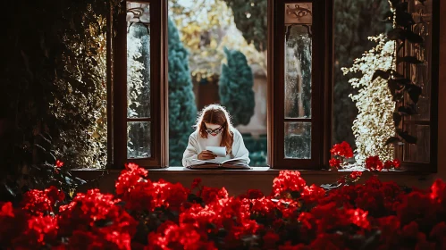 Woman Reading in Floral Window